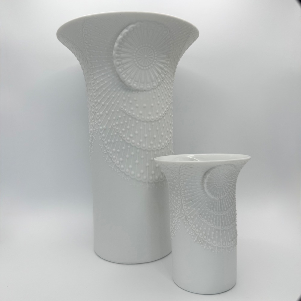 Vintage Kaiser White Bisque Porcelain Floral Vase Set MCM Minimalist Op Art Frey